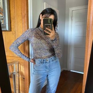 Mesh, flower print, long sleeve top